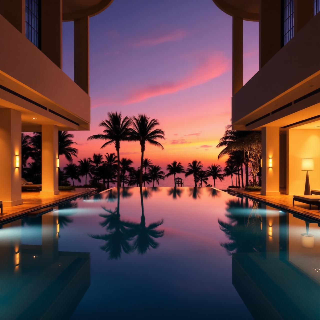 Luxury boutique resort with infinity pool at sunset